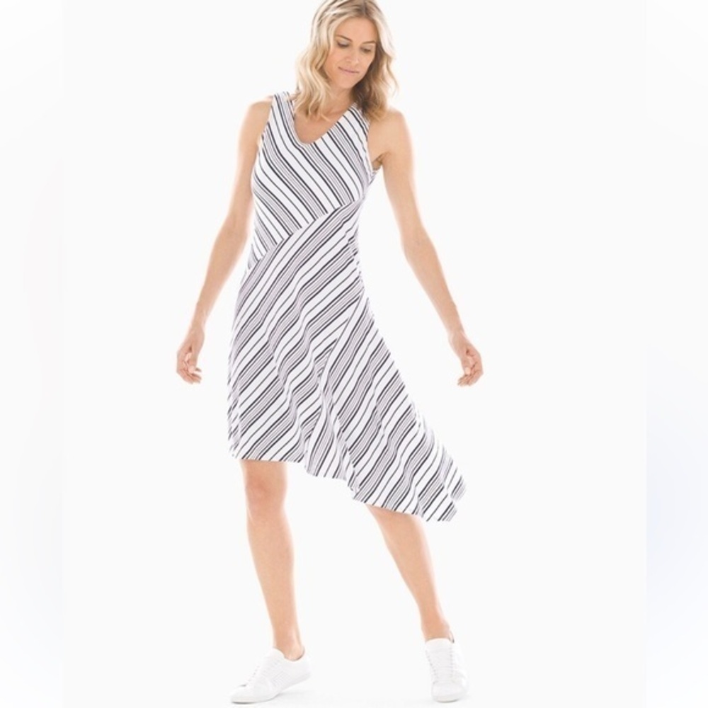 Soma Soft Jersey Asymmetrical Hem Midi Dress  women medium Amity Stripe White - Picture 2 of 11